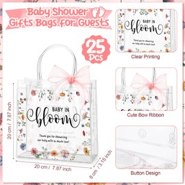 Sinload 25 Pack Baby Shower Gifts Bags for Guests Baby in Bloom Wildflower Gifts Bag with Handle Clear Plastic PVC Bags with Pink Ribbon for Gender Reveal Party Guest Gift