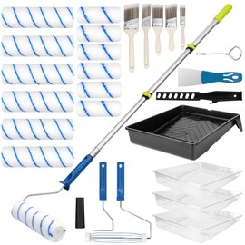Paint Roller Kit with Extension Pole 28 Piece Set, 4" 9" Paint Roller with Tray, Paint Brushes Set for Professional Painting, House Wall Ceiling Painting Supplies for All Latex and Oil Paints Stains