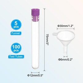 PATIKIL Test Tubes Set, 100Pcs 75x12mm Plastic Clear Round Bottom Test Tube Containers with Stopper and Funnel for Bead Party Candy Bath Salt Storage Scientific Experiment Prop, Purple