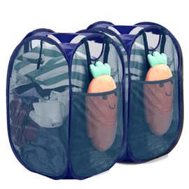 [Reinforced] Strong Mesh Pop-up Laundry Hamper, Quality Collapsible Laundry Basket with Durable Handles Solid Bottom High Carbon Steel Frame, Easy to Open and Fold Flat for Storage(Blue)