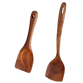 2PCS Premium Teak Wooden Spatula for Cooking, Smooth Finish Natural Teak Spatula, Non-Stick Wooden Cooking Utensils for Pan & Wok, Hand-Finished Wood for Fish, Eggs, Pancakes