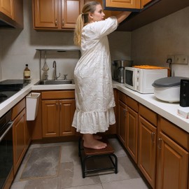 Heavy Duty Wood Step Stool 500 lbs - Wide Step Stools for Seniors, Dual Anti-Slip Wood & Metal, Small Step Stool for high Bed/Kitchen/Bedside/Bathroom(Walnut Color, One-Step)