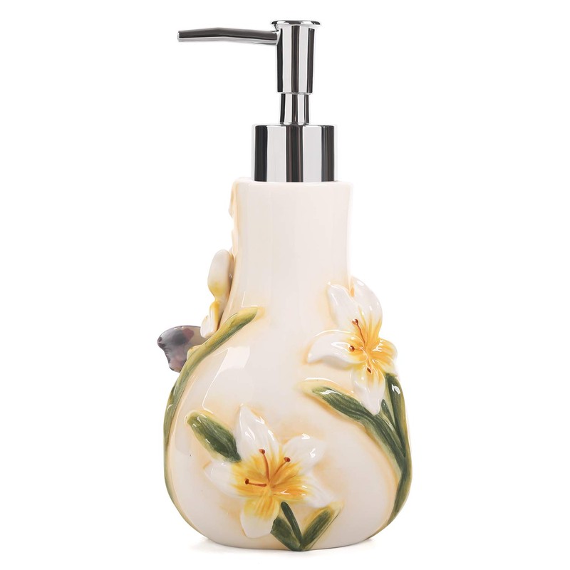 FORLONG Ceramic Soap Dispenser, 3D Hand-Painted Butterfly and Lilies Flower