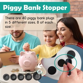 40 Pcs Piggy Bank Stopper - Piggy Bank Plugs for Money Saving Box, Perfect Replacement Piggy Bank Stoppers Lid, Includes 5 Sizes Bank Stoppers Rubber Plugs(Black)