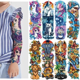 52pcs Temporary Tattoos for Kids Girls Boys, 8 Full Arm Sleeve Fake Tattoos with Lion Dinosaur Shark Dolphins Butterfly Elephant and 14 Kids Half Arm and 30 Small Waterproof Temporary Tattoos