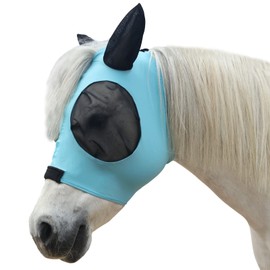 Gallopoff Stretchy Horse Fly Mask, No-Rub Comfort Fit, Skin-Safe Mesh Eyes & Ear Covers with UV Protection, Tangle-Free for Mane & Forelock, Enhanced Visibility Paleblue Pony