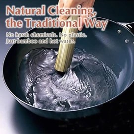 TIKUSAN Bamboo Wok Brush with Copper Coil for Pan Pot Palate Skillet Cleaning Whisk (8.3")