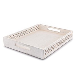 EDHAS Serving Trays Mango Wood Tray with Handles Serving Tray for Breakfast in Bed, Tea, Coffee with Cutout Handles (White) (14" x 11" x 2")