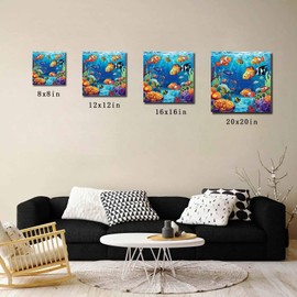 Summer Ocean Canvas Wall Art for Living Room Bedroom Clownfish Coral Seagrass Paintings Underwater World Framed Prints Pictures Wall Decor for Home Decorations, Ready to Hang, 12''x12''