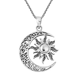 AeraVida Celtic Crescent Moon and Sun Eclipse .925 Sterling Silver Pendant Necklace