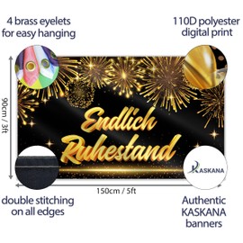 Finally Retirement Banner 150 x 90 cm - Rente Gut Alles Gut Garland - Alles Gute Zum Ruhestand Decoration - Vivid Digital Print - 110 Denier Polyester - Double Stitching (Black & Gold)
