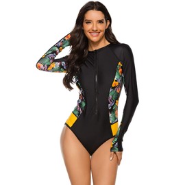 YATEEN Womens Athletic Training Swimsuit Long Sleeve Rashguard #2 Black/Green