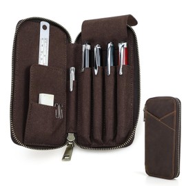 Contact's family Crazy Horse Leather Multi Stationery Pouch - Hand Sewing Craftsmanship Small Leather Pencil Case 4 Pen Holder Pencil Lead Holder with ID Pocket