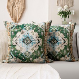 SZXYCZL 2Packs Boho Pillows Covers 18×18 inch, Linen Bohemia Carpet Pattern Decorative Couch Throw Cushion Covers for Living Room Bed Outdoor Pillow Case-Green
