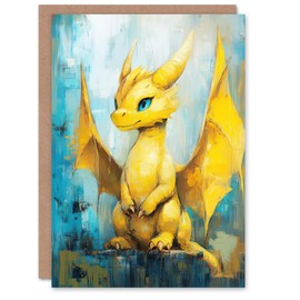 Artery8 Greeting Card Cute Yellow Baby Dragon Fantasy Oil Painting Blank For Him Or Her Art Birthday Card