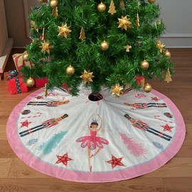 Christmas Tree Skirt 36 Inch, Pink Nutcracker Ballet and Candy-Themed Xmas Tree Mat for Medium Large Size Trees, Holiday Decor for Home, Office, Indoor Display