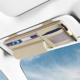 WiiLemz Car Visor Organizer, Multi-Pocket Sunvisor Storage with Sunglass Holder, Document Holder and Visor Card Clip, Fit for AUTO SUV & Truck, Leather Car Accessories Interior (Cream)