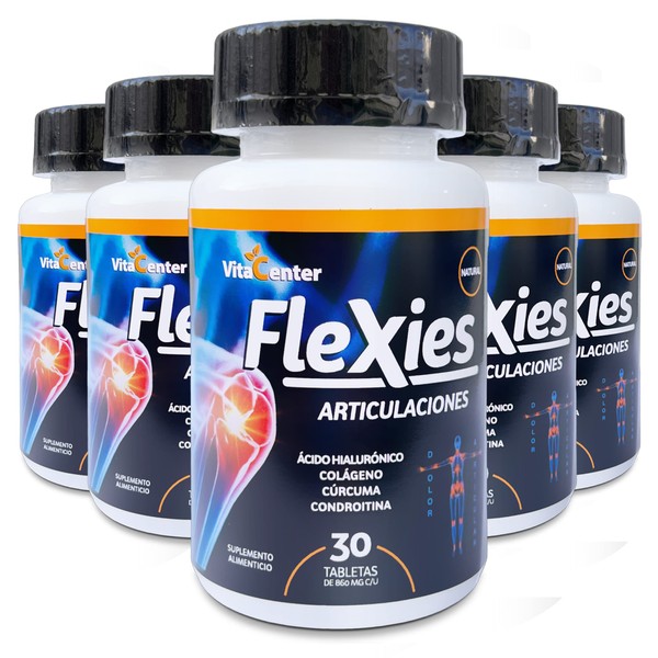Flexies | Suplementos Alimenticios | Pack de 5 | Tabletas de Ácido Hialurónico, Colageno y Curcuma | Suplemento para Articulaciones y Skin Care | Contiene Magnesio | Vitaminas para Mujer y Hombre