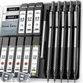 Four Candies Metal Mechanical Pencil Set, 3 Pieces Art Lead Pencils 0.5, 0.7, 0.9mm & 2 Pieces 2mm Pencils with 420 Pieces Leads (4B, 2B, HB, 2H Colors) for Writing and Drawing (Black)