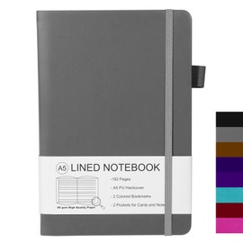 ZephyrNote Notebook A5 Lined Hardcover, Premium 80 GSM Paper, Journal Book with 192 Pages, Inner Pocket, Pen Loop, Elastic Strap, Faux Leather Cover, 14.5 x 21.3 cm (Dark Grey)