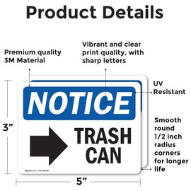 (2 Pack) Trash Can [Right Arrow] Sign With Symbol OSHA Notice Sign 5 Inch X 3.5 Inch Vinyl Label Decal Sticker Weather Resistant, UV Protected for Workplace, Construction Site, Made in the USA
