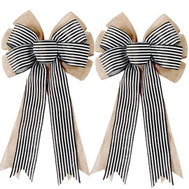 2 Pack Black White Stripe Burlap Fall Bows for Wreaths Decorations,Rustic Farmhouse Crafts Bow Wrapping Tree Topper Wedding Holiday Birthday Party Wall Home Front Door
