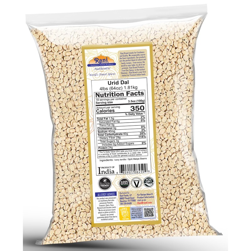 Rani Urid/Urad Dal (Split Matpe Beans Skinless) Indian Lentils 64oz