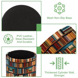 EUYJKMSXC Pencil Holder, Pencil Cup Holder for Desk, PVC Leather Pen Case Organizer, Round Pen Cup Pot, Desktop Supplies(Bookshelf Pattern)