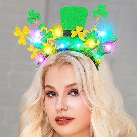 CASDRE St. Patrick's Day Headband Green Light up Shamrock Hat Headwear Hair Hoop Sparkly Headpiece Party Hair Accessories for Women and Girl