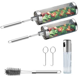 Meytunsin 2PCS Nesting Rolling Grill Basket With Handle Grilling Tools, 304 Stainless Steel,Rolling Grill Baskets For Outdoor Grill,Grill Baskets For Vegetable,Fries,Fish,Shrimp,Gift for Men