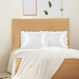 PiccoCasa Satin Pillowcase Set of 2 Pillowcases with Ruffles Cuddly Envelope Closure as Decorative Cushion Cover for Living Room Bedroom Sofa Decoration White 40 x 60 cm