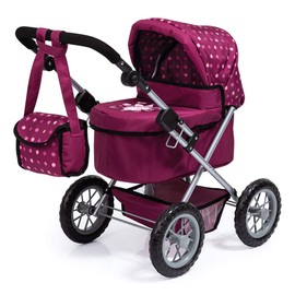 Bayer Design 13067AA Dolls Pram Trendy with Shoulder Bag and Underneath Shopping Basket, Bordeaux, red with Pattern