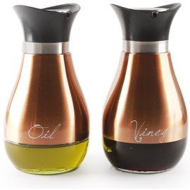 Circleware Cafe Copper and Glass Olive Oil and Vinegar Dispenser Bottles Set of 2, Kitchen Preserving Glassware for Salad Dressing, Cooking, Home Decor, 13.6 oz, Contempo