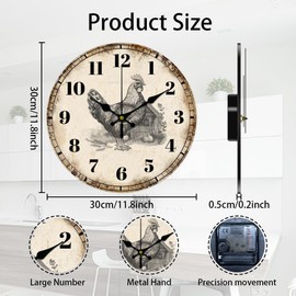 CHGCRAFT Wall Clock Country Style Chicken Wall Clock Non-Ticking Clock Round Wooden Decorative Wall clock MDF Printed Wall Clock for Home Living Room Bedroom Home Office Decoration