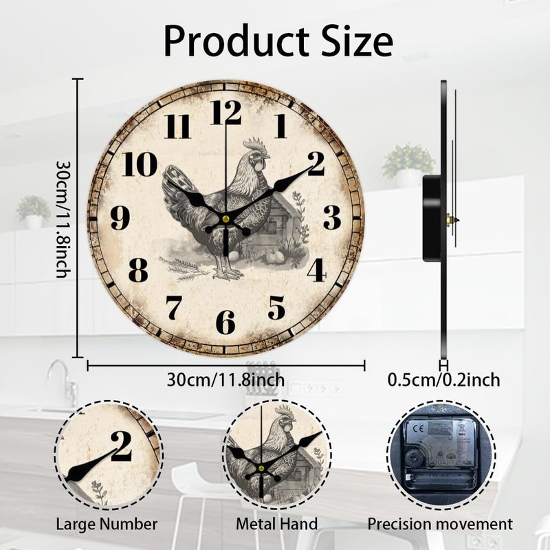 CHGCRAFT Wall Clock Country Style Chicken Wall Clock Non-Ticking Clock