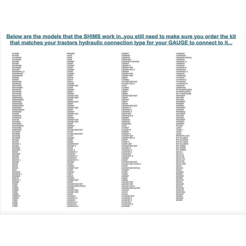 Deluxe Adjustment Shims (4X) Kit Kubota Compatible Boost Hydraulic Pressure
