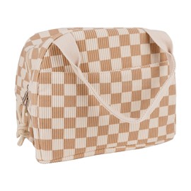 BUNCHBRAVO Checkered Lunch Bag for Women and Men, Insulated Corduroy Lunch Box with Handle and Pocket for Travel, Work, Picnics, Brown White Plaid