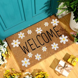 Ceenna Valentine's Day Coir Doormat Non Slip St Patrick's Day Easter Spring Outdoor Rugs Heart Shamrock Flowers Bunny Welcome Doormats for Front Porch Entryway,16 x 28 Inches(White Flower)