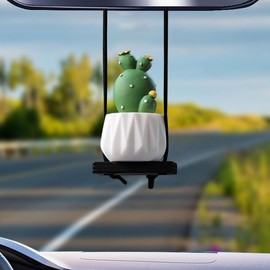 DUSCOKE Swinging Cactus Succulent Car Hanging Ornament, Creative Car Rear View Mirror Charm, Cute Potted Plant Auto Mirror Pendant, Vehicle Interior Decoration Accessory (White-haired Cactus)