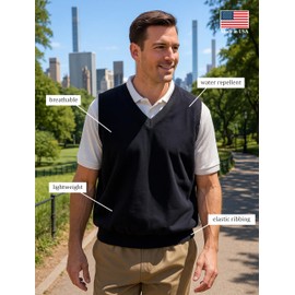 Akwa Men’s V-Neck Golf Vest Lightweight Waterproof Pullover Sweater Wind-Resistant Layer Made in USA Performance Outerwear Navy