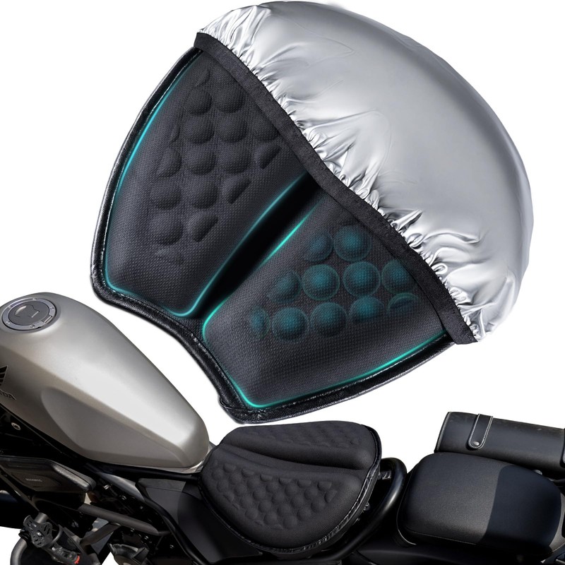 DOUANDA Foldable Motorcycle Gel Seat Cushion with Sunshade Cover –