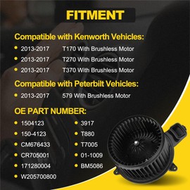 W205700800 HVAC Heater Blower Motor with Brushless Motor Compatible with Peterbilt 579, Compatible with 2013 2014 2015 2016 2017 Kenworth T170 T270 T370 Replace# 1504123 CR705001