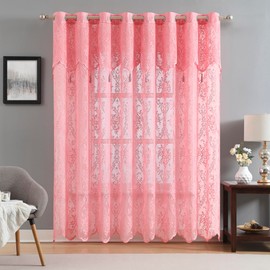 Warm Home Designs Semi Sheer 102" x 84" Lace Pink Curtains for Patio Doors with Attached Valance & Tassels. Patio Door Curtain for Sliding Door or Extra Wide Curtain Panels. L Rose Patio 84”
