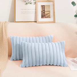 Uhomy Set of 2 Faux Fur Plush Decorative Throw Pillow Covers Fuzzy Striped Soft Pillowcase Cushion Covers for Living Room Sofa Couch Bedroom, 12x20 inch 30x50 Cm Lake Blue