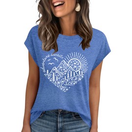 Women Adventure Awaits Outdoor Graphic Tee Shirt Kindness Heart Printed Hike Mountain Nature Travel Shirt(Blue Heart,L)