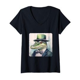 Womens Alligator With A Detective Hat. Sleuth Reptile In Hat V-Neck T-Shirt