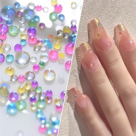 Colorful Bubble Beads Mermaid Nail Charms 3D Aurora Pearls Half-Round Flat Back Nail Art Rhinestones Mixed Size Small Nail Gems Cute Nail Decorations for Women and Girls Manicure Supplies, 100Pcs