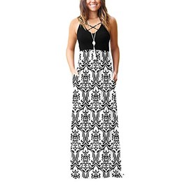 LILBETTER Women's Summer Sleeveless Racerback Loose Plain Maxi Dress Floral Print Casual Long Dresses with Pockets(Jie-White Wen,3X-Large)