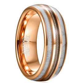 CHALAIR Men's Wedding Band 8mm with Antler and Brown Guitar String Inlay Rosegold Domed Polished Tungsten Ring Size O
