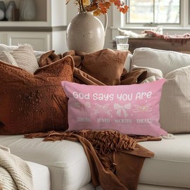 Wheatwin Cute Pink Christian Throw Pillow Cover 12x20, Inspirational Bow Decor for Girls Room Dorm, Christian Pillow Cover Gift for Girls Kids Women, Bible Verse Pink Bows Affirmations Gifts